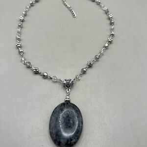 Silver Tone Labradorite Pendant Necklace Crystal Beaded Chain Boho Statement